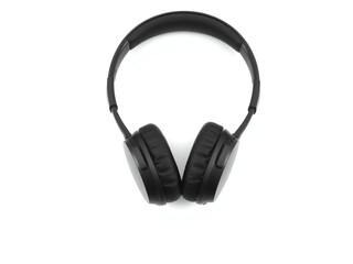 Fototapeta premium Black wireless headphones on a white background showcasing modern design and comfort for music and calls at home or on the go