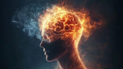 A human mind set against a cosmic background, featuring a detailed brain and face merging with the universe