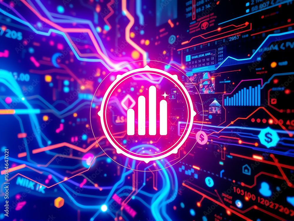 Poster digital financial data visualization with glowing charts and graphs presented in vibrant neon colors