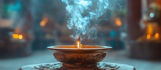 A small incense burner with blue smoke rising from it, in a temple setting.