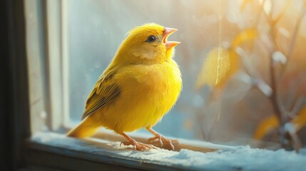 A small yellow bird sings on a windowsill covered in snow, with a sunny winter background.