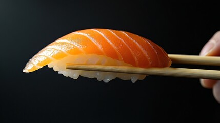 Salmon Nigiri Sushi Piece on Chopsticks, Close-up Shot Against Black Background