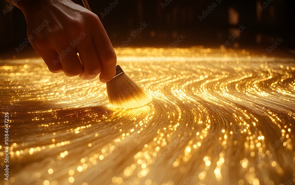 Poster a hand brushes golden particles on a surface, creating a shimmering wave effect.
