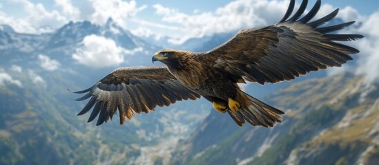 Golden eagle in flight over the mountains with a cloudy sky in the background.