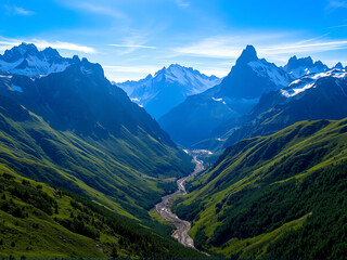 Obraz premium Stunning panoramic view of green valleys and snow-capped mountains under bright blue sky in serene landscape during daytime