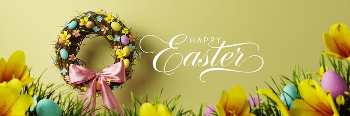 A wreath with eggs on it is on a wall with a text Happy Easter on background.