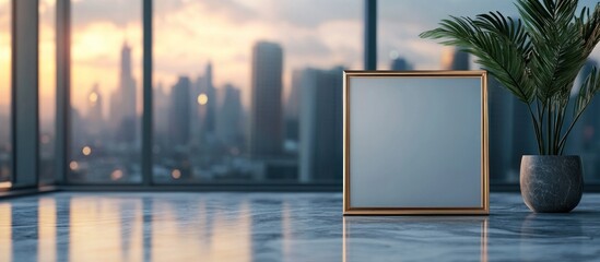Blank photo frame mockup on marble table with blurred city view and plant at sunset.