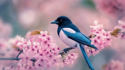 Obraz premium A black and white bird with blue wings perched on a branch with pink blossoms.
