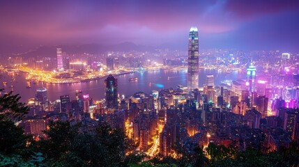 Obraz premium Night Lights of Hong Kong: A Panoramic View from the Peak