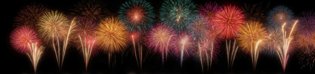 Fototapeta premium Festive fireworks display with happy new year in sparkling gold text