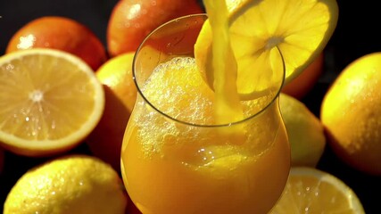 Poured Orange Juice Close Up. Orange carbonated drink poured into a glass on a black background. The drink is poured over the edge. Slow Motion