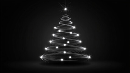 Minimalist Christmas Tree Outline with Sparkling Lights on Black Background