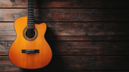Obraz premium Wooden acoustic guitar on dark wooden background