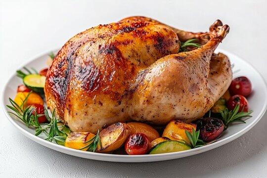 A large roasted chicken with vegetables on a white plate