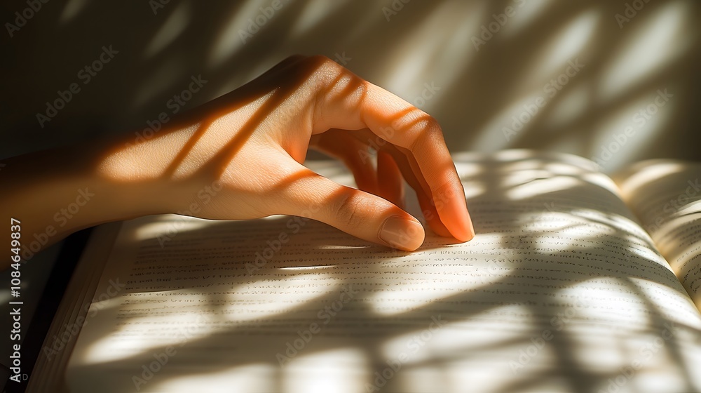 Poster a hand gently rests on an open book, illuminated by soft shadows and light patterns.