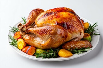 A large roasted turkey with vegetables on top of a white plate