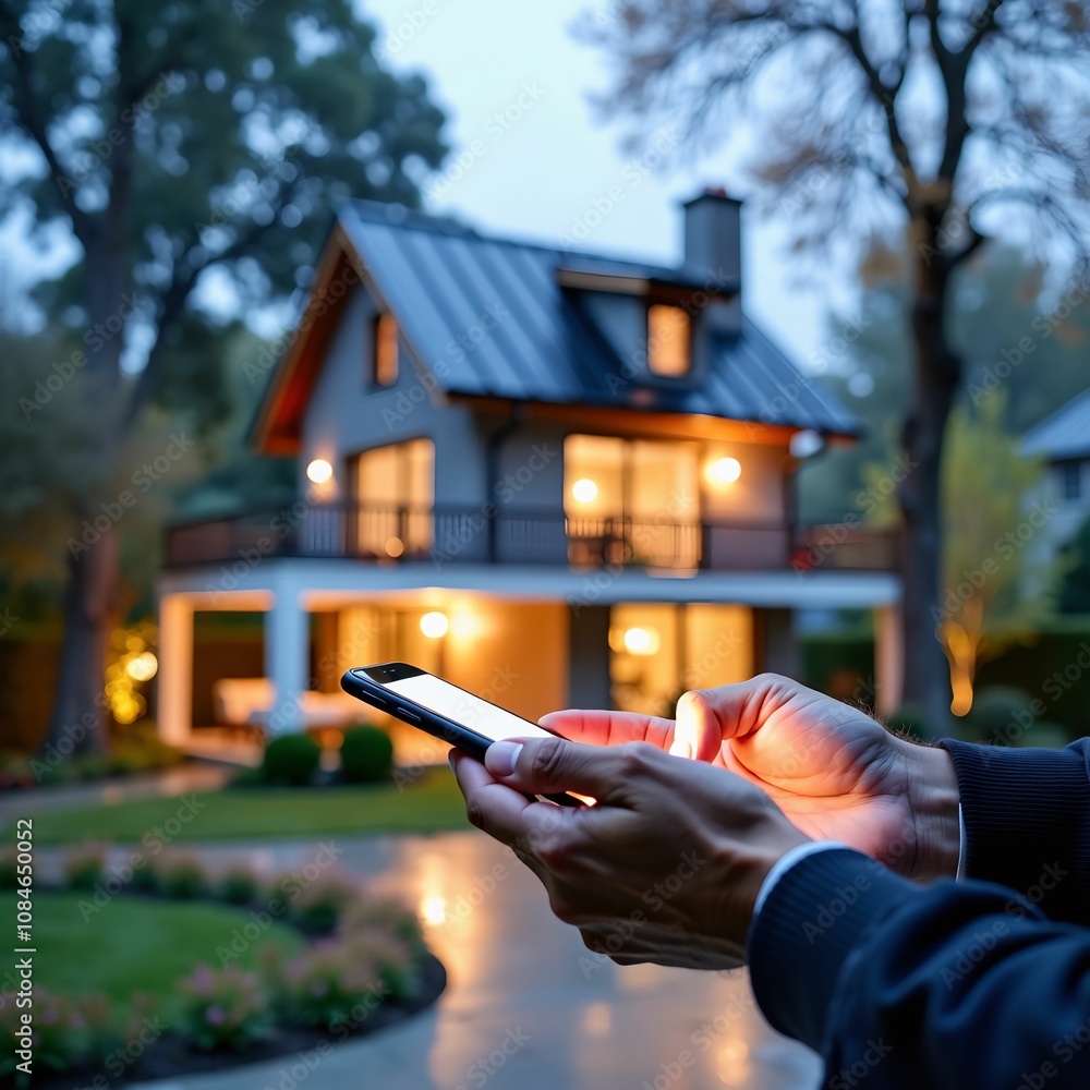 Poster a modern home, bathed in warm light, awaits commands from a smartphone.