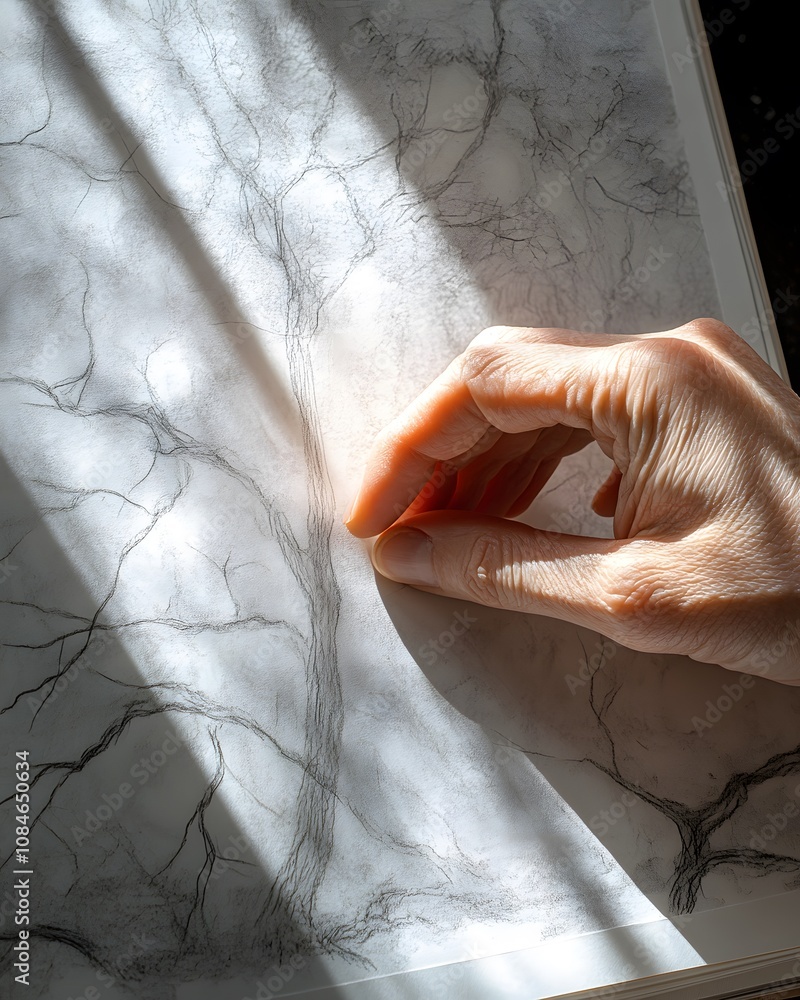 Poster a hand gently touches a textured page with intricate patterns illuminated by soft light.