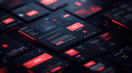 Abstract futuristic digital dashboard with red and black interface elements, showcasing technological layout and design for web applications.
