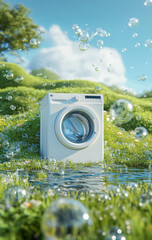 Washing machine in a meadow with bubbles floating around, evoking a sense of freshness and nature