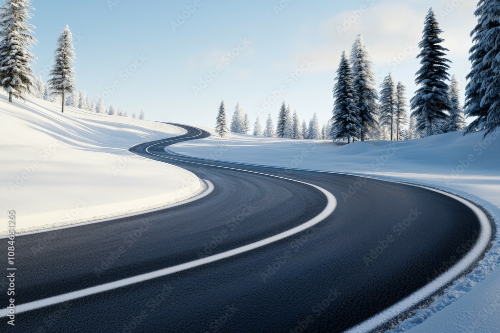 Poster a snowy road with a curve and trees in the background