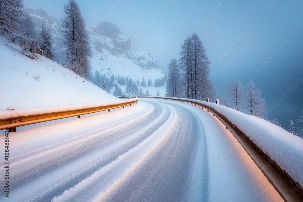Aufkleber a snowy road with a curve and a tree in the background