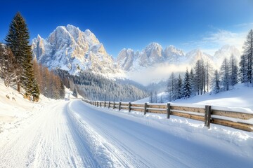 A snow covered road with a fence on the side