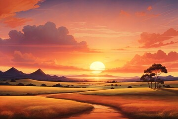 Golden Sunset Landscape Background, Sunset Sky Background, Sunset Scenery Wallpaper, Sunset Background, Nature Wallpaper, Sunrise Landscape, AI Generative