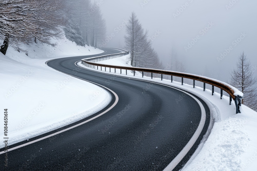 Poster a snowy road with a long curve and a fence on the side