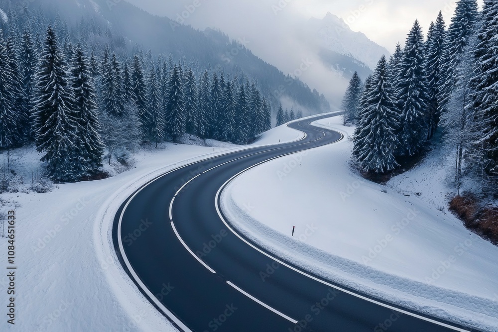 Poster a snowy road with a curve and trees in the background