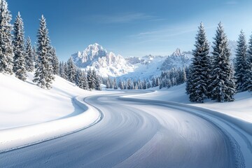 Fototapeta premium A snowy road with trees in the background