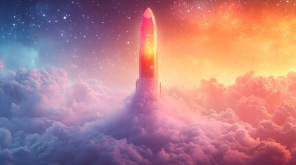 Dreamy Ethereal Landscape with Pastel Colors, Lip Gloss Aesthetic, and Rocket Launching into Cosmic Cloud Background
