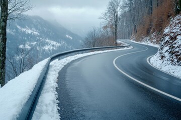 A snowy road with a curve and a mountain in the background