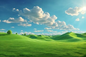 Fototapeta premium Green Grass field on Small Hills and Blue Sunny Sky, Green Hills Wallpaper, Green Hills Landscape, Green Field Landscape, green meadow and blue sky, AI Generative