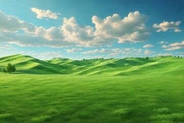 Fototapeta premium Green Grass field on Small Hills and Blue Sunny Sky, Green Hills Wallpaper, Green Hills Landscape, Green Field Landscape, green meadow and blue sky, AI Generative