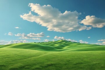 Green Grass field on Small Hills and Blue Sunny Sky, Green Hills Wallpaper, Green Hills Landscape, Green Field Landscape, green meadow and blue sky, AI Generative