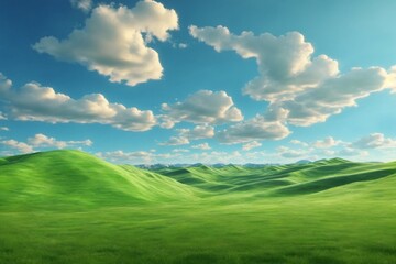 Fototapeta premium Green Grass field on Small Hills and Blue Sunny Sky, Green Hills Wallpaper, Green Hills Landscape, Green Field Landscape, green meadow and blue sky, AI Generative