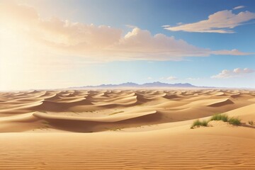 Naklejka premium Sandy Dunes Landscape Background, Sand Desert&nbsp;Landscape, Sand desert scenery, Dune Landscape, Desert Background, Desert Wallpaper, AI Generative