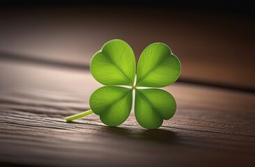 St. Patrick's Day. Traditional holiday. A symbol of good luck and wealth, fortune. A green clover leaf on wooden table. Shamrock leaf. Ray of sunshine. Irish spring celebration