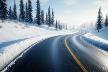 A snowy road with a yellow line and trees in the background