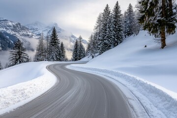 A snowy road with trees in the background