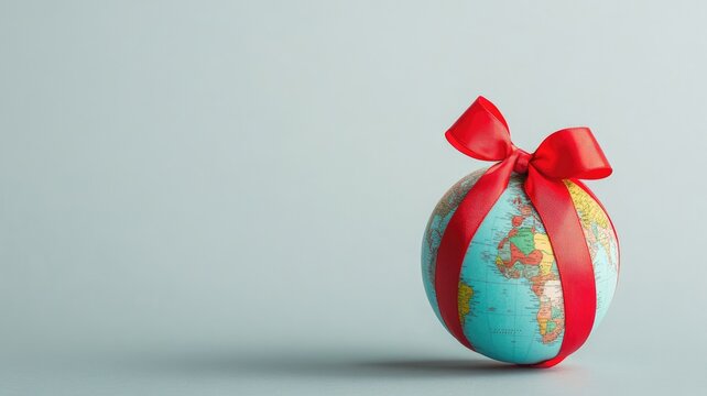 Globe wrapped in red ribbon, symbolizing global gift or international care
