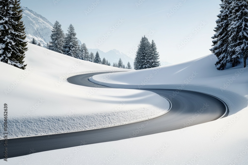 Poster a snowy road with a curve in it
