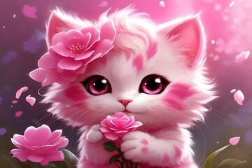Cute Fluffy Pink Cat Holding a Flower, Adorable Baby Cat Pictures, Pink Cat Background, Cute Cat Wallpaper, Cat Picture, adorable kitten Image, AI Generative