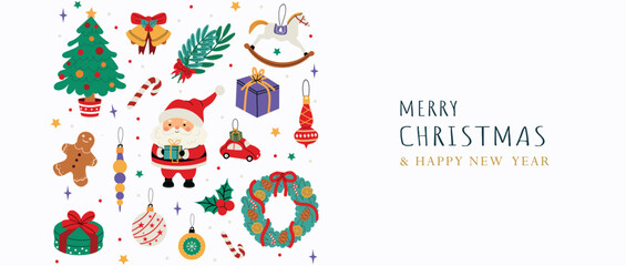 Merry Christmas and Happy New Year banner design with festive elements. Santa Claus, Christmas tree, gifts, wreath, candy cane, gingerbread, ornaments. Illustration with white isolated backgriound.