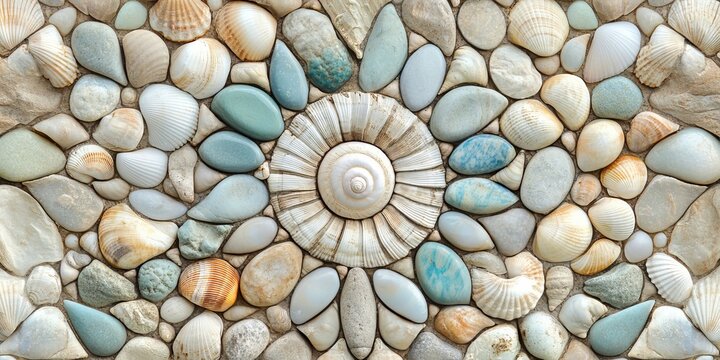 Decorative seashell and pebble mosaic creating a stunning circular pattern