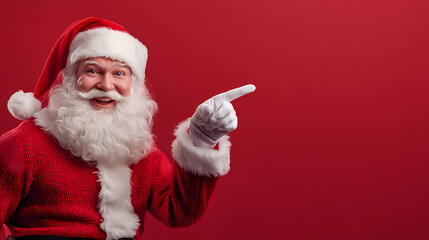 Smiling Santa Claus pointing on blank advertisement banner background with copy space 