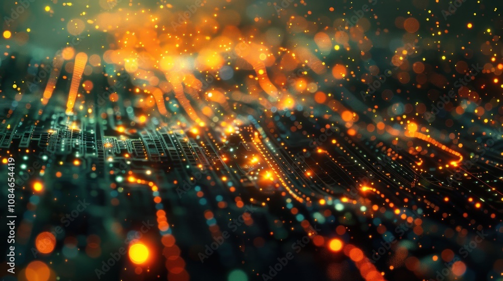 Poster abstract background with glowing lights and bokeh effect, resembling a digital circuit board.