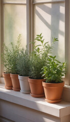 Herb plants in pots arranged on a windowsill, natural atmosphere with soft sunlight
