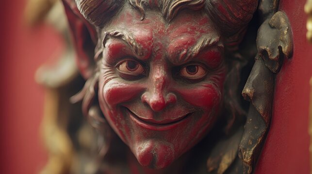 a red statue of a smiling devil